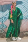 Label Earthen_Emerald Green Silk, Organza Embroidery V-neck Jhilmil Juhu Kurta Set _at_Aza_Fashions