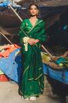 Shop_Label Earthen_Emerald Green Organza, Silk Embroidery V-neck Sari And Blouse _at_Aza_Fashions