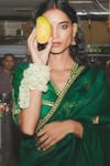 Shop_Label Earthen_Emerald Green Organza, Silk Embroidery V-neck Sari And Blouse 
