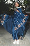 Shop_Label Earthen_Navy Chanderi Silk, Organza Embroidery V-neck Blue Kurta Set _at_Aza_Fashions