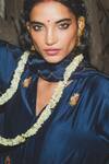 Shop_Label Earthen_Navy Chanderi Silk, Organza Embroidery V-neck Blue Kurta Set _Online_at_Aza_Fashions