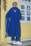 Buy_Label Earthen_Blue Silk, Organza Embroidery V-neck Electric Raat Ki Raani Kurta Set _at_Aza_Fashions