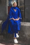 Shop_Label Earthen_Blue Silk, Organza Embroidery V-neck Electric Raat Ki Raani Kurta Set _at_Aza_Fashions