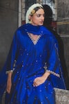 Buy_Label Earthen_Blue Silk, Organza Embroidery V-neck Electric Raat Ki Raani Kurta Set _Online_at_Aza_Fashions