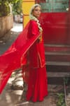 Shop_Label Earthen_Red Chanderi , Organza, Embroidery V-neck Sindoori Mirchi Sharara Set _at_Aza_Fashions