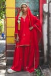 Buy_Label Earthen_Red Chanderi , Organza, Embroidery V-neck Sindoori Mirchi Sharara Set 