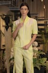 Ankur J_Yellow Linen High Neck Crochet Bomber Shirt And Pant Set _Online_at_Aza_Fashions