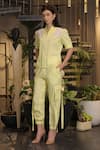 Ankur J_Yellow Linen High Neck Crochet Bomber Shirt And Pant Set _at_Aza_Fashions