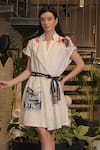 Ankur J_Off White Cotton V-neck Designer Overlay Dress With Belt _Online_at_Aza_Fashions