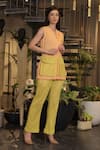 Ankur J_Peach Linen Embroidery V-neck Crochet Pocket Jacket And Pant Set _at_Aza_Fashions