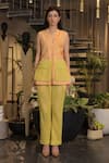 Buy_Ankur J_Peach Linen Embroidery V-neck Crochet Pocket Jacket And Pant Set 