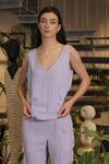 Ankur J_Blue Cotton, Linen, Crepe V-neck Crushed Top And Joggers Set _Online_at_Aza_Fashions