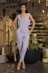 Buy_Ankur J_Blue Cotton, Linen, Crepe V-neck Crushed Top And Joggers Set _at_Aza_Fashions