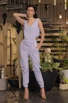 Ankur J_Blue Cotton, Linen, Crepe V-neck Crushed Top And Joggers Set _at_Aza_Fashions