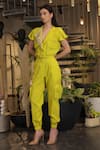 Ankur J_Yellow Linen V-neck Designer Shirt And Joggers Set _at_Aza_Fashions