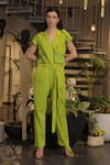 Ankur J_Green Linen Embroidery Collared Designer Jumpsuit With Belt _at_Aza_Fashions