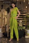 Buy_Ankur J_Green Linen Embroidery Collared Designer Jumpsuit With Belt 