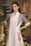 Ankur J_White Linen Split V-neck Designer Crochet Dress _Online_at_Aza_Fashions