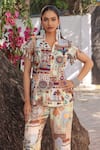 Ankur J_Multi Color Silk Tassels V-neck Print Peplum Jacket And Pant Set _Online_at_Aza_Fashions