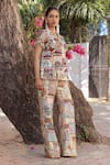 Ankur J_Multi Color Silk Tassels V-neck Print Peplum Jacket And Pant Set _at_Aza_Fashions