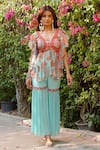 Buy_Ankur J_Aqua Georgette Beads, Embroidery V-neck Designer Blue Kurta And Gharara Set _at_Aza_Fashions