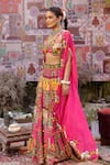 Ankur J_Pink Georgette, Silk Beads, Sequins V-neck Designer And Yellow Cape Lehenga Set _at_Aza_Fashions