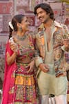 Buy_Ankur J_Pink Georgette, Silk Beads, Sequins V-neck Designer And Yellow Cape Lehenga Set 