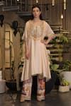 Buy_Ankur J_Peach Embroidery Round Neck Kaftan And Pant Set _at_Aza_Fashions