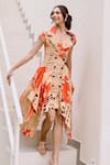 Buy_House Of Fett_Beige Viscose, Cotton Collared Asymmetric Multi Color Designer Dress _Online_at_Aza_Fashions