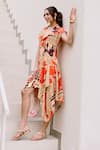 Shop_House Of Fett_Beige Viscose, Cotton Collared Asymmetric Multi Color Designer Dress _Online_at_Aza_Fashions