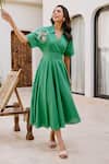 Buy_House Of Fett_Green Viscose Embroidery Collared A-line Dress _at_Aza_Fashions