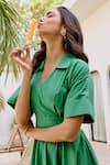 House Of Fett_Green Viscose Embroidery Collared A-line Dress _at_Aza_Fashions