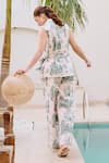 Shop_House Of Fett_Ivory Linen Collared Green Print Designer Co-ord Set _at_Aza_Fashions