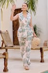 Buy_House Of Fett_Ivory Linen Collared Green Print Designer Co-ord Set _at_Aza_Fashions