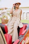House Of Fett_Beige Polyester, Linen Sweetheart Neck, Collared Kobe Co-ord Set _at_Aza_Fashions