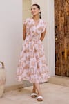 Buy_House Of Fett_Ivory Linen V-neck Lavenham Printed Dress _at_Aza_Fashions