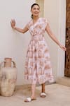 House Of Fett_Ivory Linen V-neck Lavenham Printed Dress _Online_at_Aza_Fashions