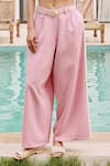 House Of Fett_Pink Linen Embroidery, Lace Collared Co-ord Pant Set _Online_at_Aza_Fashions