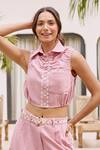 Buy_House Of Fett_Pink Linen Embroidery, Lace Collared Co-ord Pant Set _Online_at_Aza_Fashions