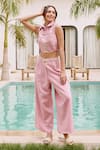 House Of Fett_Pink Linen Embroidery, Lace Collared Co-ord Pant Set _at_Aza_Fashions