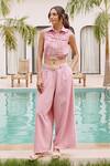 Buy_House Of Fett_Pink Linen Embroidery, Lace Collared Co-ord Pant Set _at_Aza_Fashions