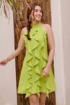 House Of Fett_Green Satin Halter Neck Neon Ruffled Summer Dress _Online_at_Aza_Fashions