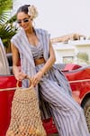 Shop_House Of Fett_White Linen Open Neck Normandy Striped Co-ord Set _Online_at_Aza_Fashions