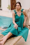 Shop_House Of Fett_Green Satin Fabric Flowers V-neck Provence Strappy Dress _Online_at_Aza_Fashions