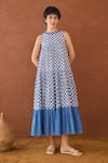 Buy_Taro_Blue Cotton Round Neck Block Printed And White Dress _at_Aza_Fashions