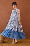Buy_Taro_Blue Cotton Round Neck Block Printed And White Dress _Online_at_Aza_Fashions