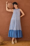 Shop_Taro_Blue Cotton Round Neck Block Printed And White Dress _Online_at_Aza_Fashions