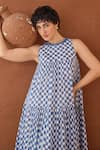 Buy_Taro_Blue Cotton Round Neck Block Printed And White Dress 