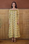 Taro_Multi Color Cotton Square Neck Lemon Zest Block Printed Dress _Online_at_Aza_Fashions