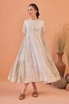 Shop_Taro_White Cotton Round Neck Mossy Mist Confetti Dot Dress _Online_at_Aza_Fashions